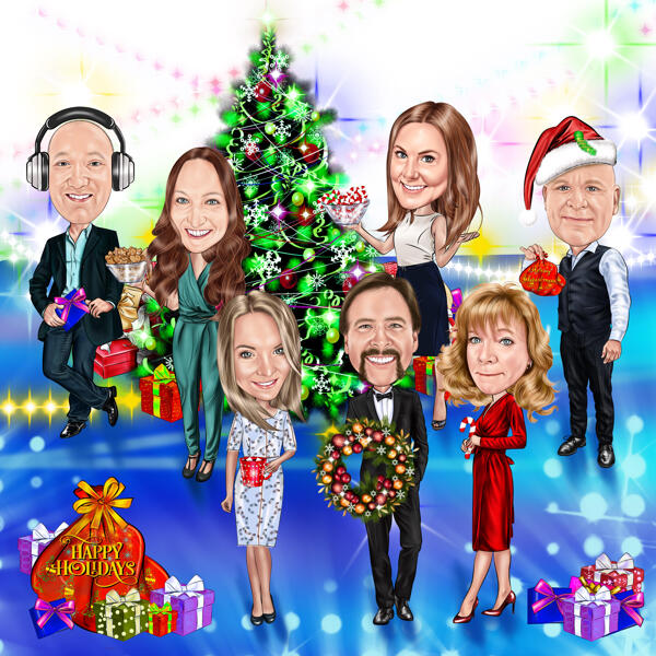 Cartoon van een team op maat met een kerstboom