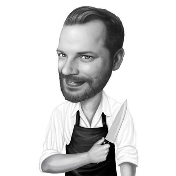 Butcher Cartoon Portrait in Black and White Style from Photo