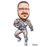 Karikatura superhrdiny v kostýmu kyborga