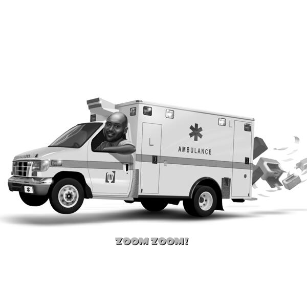 Brugerdefineret ambulancekarikatur i sort og hvid stil fra foto