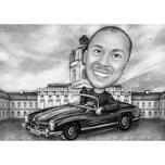 Regalo personalizzato con caricatura di un uomo alla guida di un'auto
