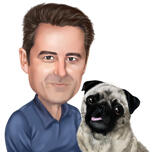 Owner with Pug Cartoon Portrait