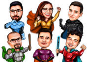 Caricatură personalizată a grupului de companii ca supereroi