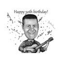 Карикатура на подарок на день рождения музыканта, нарисованная от руки в черно-белом стиле