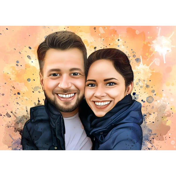 Retrato da caricatura de casal se abraçando com fundo em aquarelas naturais