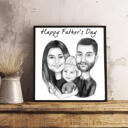 Perheen piirretty muotokuva mustavalkoisena valokuvista, jotka on painettu julisteeseen mukautettuna lahjana