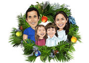 Caricatura de un grupo familiar en una corona navideña