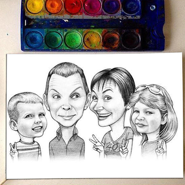 Семья с детьми Черно-белая карикатура из фотографий, напечатанных на плакате