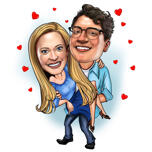 Retrato de casal em desenho animado com pequenos corações