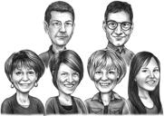Skupinová karikatura v černobílém stylu