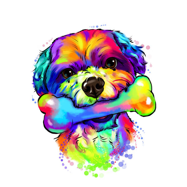 Ritratto di caricatura di cane con osso in stile acquerello arcobaleno da foto