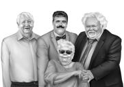 Perheen muistomuotokuva, piirretty käsin mustavalkoisena valokuvista
