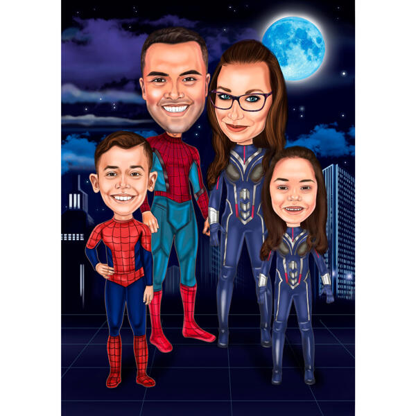 Superhrdinská rodina se dvěma dětmi Karikatura z fotografií s tajemným nočním pozadím