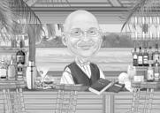 Barkeeper-Karikatur im Pub, handgezeichnet im Schwarz-Weiß-Stil von Fotos