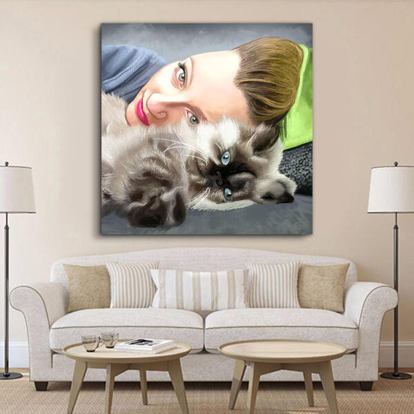 Owner with Pet Colored Caricature Portrait - Print on Canvas