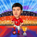 Caricatură jucător de fotbal cu trofeu desenat manual în stil colorat din fotografii