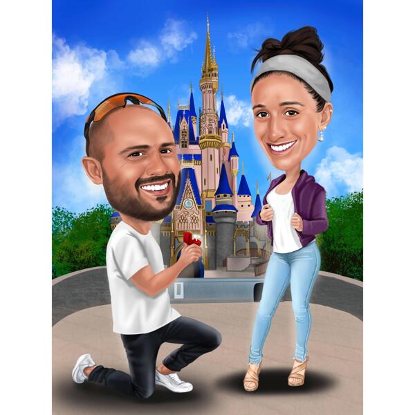 Wedding Proposal Couple Caricature from Photos with Castle Background