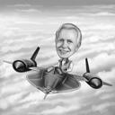 Zwart-wit piloot in vliegtuigkarikatuur