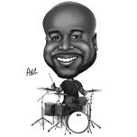 Dibujos animados de baterista en estilo blanco y negro para amantes de la batería