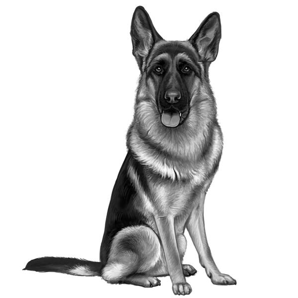 Helkrop schæferhund tegneseriekarikaturportræt i sort og hvid stil fra foto