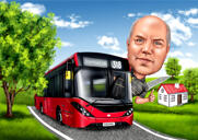Regalo del ritratto del fumetto dell'autista dell'autobus con lo sfondo della strada dalle foto