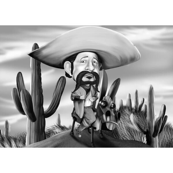 Kovboju vīrieša karikatūra melnbaltā stilā uz kaktusa lauka fona