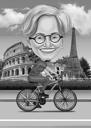 Caricatură de ciclist în stil exagerat alb-negru pe fundal personalizat