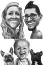Portrait de famille avec animal de compagnie, style dessin animé noir et blanc