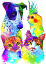 Cane con gatto e uccelli - Ritratto di caricatura di animali domestici misti in stile acquerello da foto