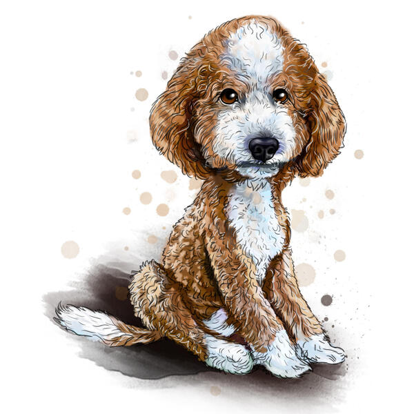 Desenho de caricatura de filhote de labradoodle em estilo natural aquarela de corpo inteiro a partir de fotos