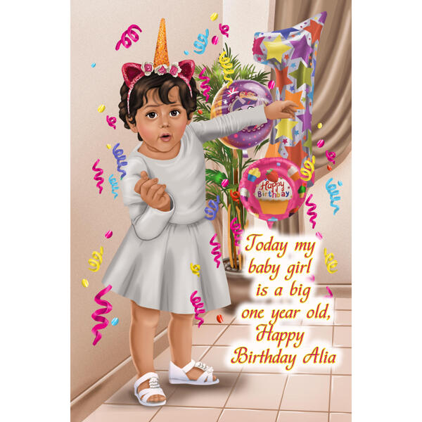 Barnens första födelsedagsfest firande karikatyr i färgstil för anpassat inbjudningskort