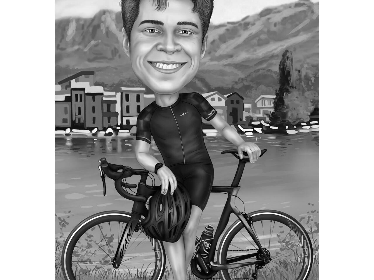 Карикатура на велосипедиста в черно-белом преувеличенном стиле на  п.................................