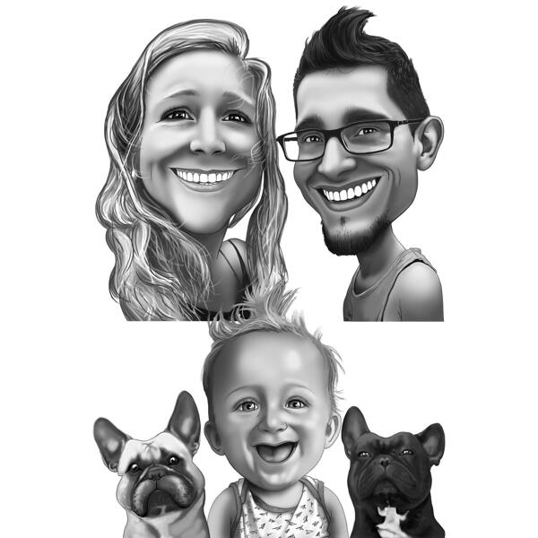 Exaggerated Caricature of Family with French Bulldog