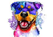 Akvarel Rottweiler-portræt fra fotos med farvet baggrund
