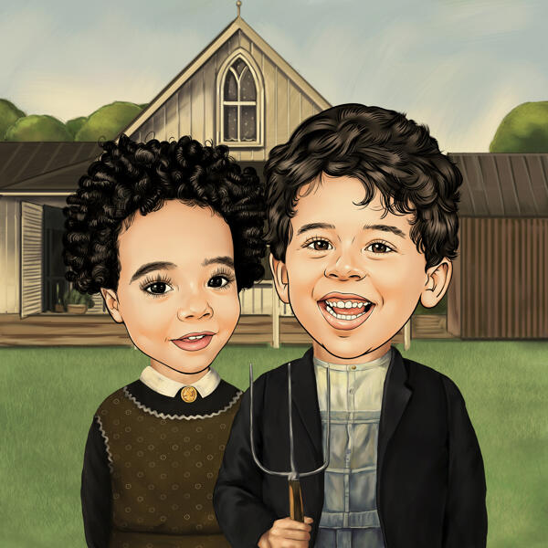 American Gothic Style Kid Caricature