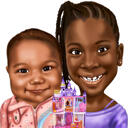 Tyttövauvojen karikatyyri muotokuva valokuvista värillisellä taustalla