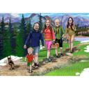 Caricature d'une famille en randonnée avec un animal de compagnie
