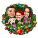 Christmas Family with Pets Caricature in Holiday Wreath