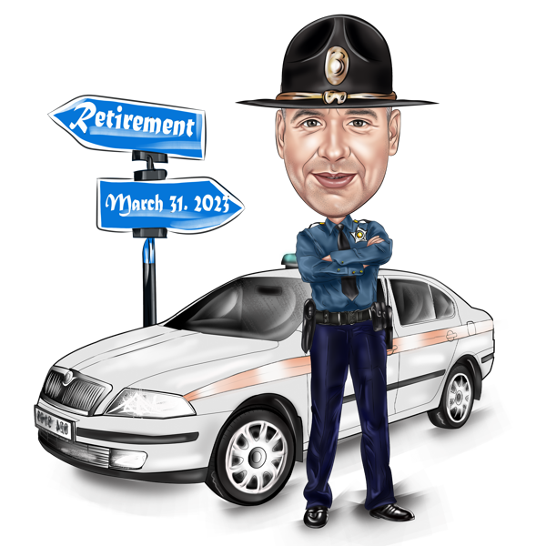 Kingitus pensionile: politseiauto karikatuuriga politseinik