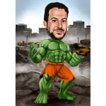 Zaļā cilvēka supervaroņa karikatūra ar fonu