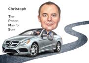 Человек в автомобиле Mercedes как цветной карикатурный подарок с индивидуальным фоном из фотографий