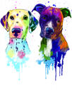 Divi suņi galvā un plecos, pasteļkrāsu portretu glezniecības stilā no fotoattēliem