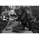 Funny Bear Hunting Caricature in Black and White Style with Custom Background
