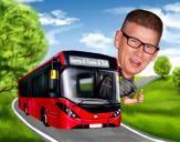 Regalo de retrato de dibujos animados de conductor de autobús con fondo de carretera de fotos