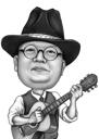 Portrait de dessin animé de joueur de guitare tête et épaules dans un style noir et blanc