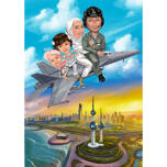 Familie auf Militärflugzeug-Karikaturzeichnung mit Stadthintergrund
