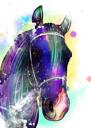 Hästkarikatyrporträtt från foton i Neon Rainbow akvarellstil