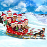 Grupo de Navidad en trineo de Santa y fondo de invierno