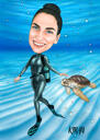 Portrait de dessin animé de plongée en apnée de personne à partir de photos - Idée de cadeau de plongée sous-marine personnalisée parfaite
