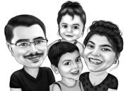 Übertriebene Karikatur von vier Personen im Schwarz-Weiß-Stil von Fotos
